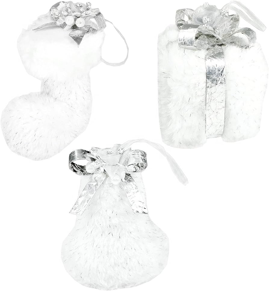 Nature Vibe Faux Fur White Christmas Ornaments, Set of 3 Furry White Santa Boot, Bell and Gift Bo... | Amazon (US)