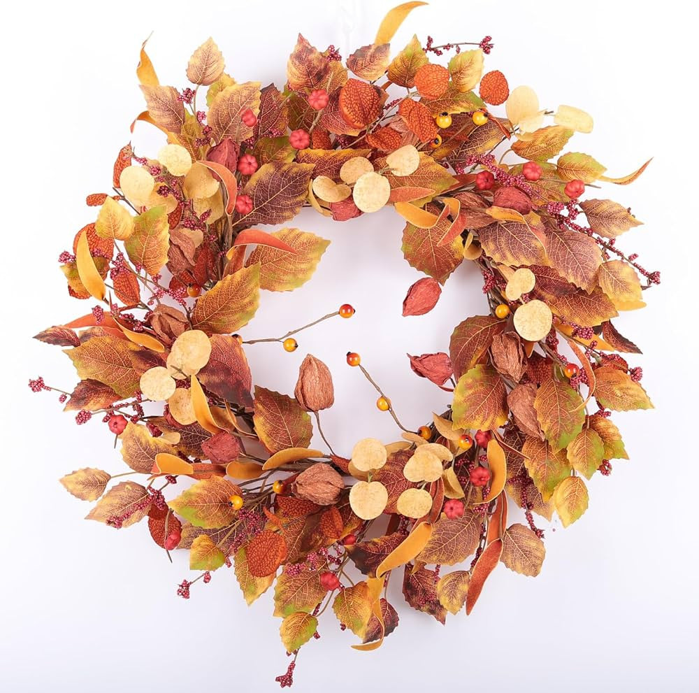 TOKCARE 22 inch Fall Wreaths for Front Door Autumn Wreath with Physalis Leaves,Small Pumpkin,Berr... | Amazon (US)