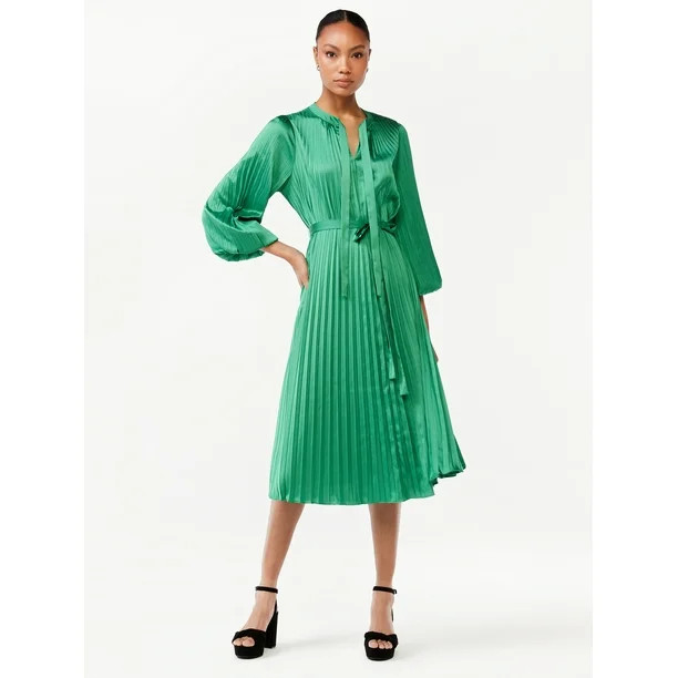 Scoop Women's Blouson Sleeve Belted Waist Pleated Oversized Midi Dress - Walmart.com | Walmart (US)