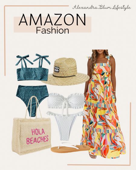 Perfect beach or pool outfit idea! Cute bikini swimsuits, long colorful maxi dress, beach tote bag, and beach hat! Vacation outfit! Amazon fashion! Amazon trends! Amazon finds! 

#LTKSwim #LTKTravel #LTKFindsUnder50