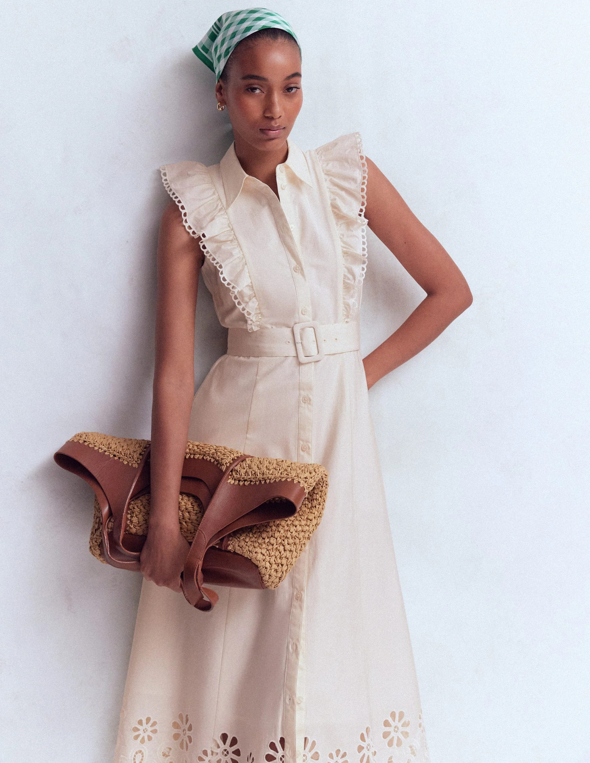 Ruffle Bodice Shirt Dress-White Broderie Trim | Boden (US)