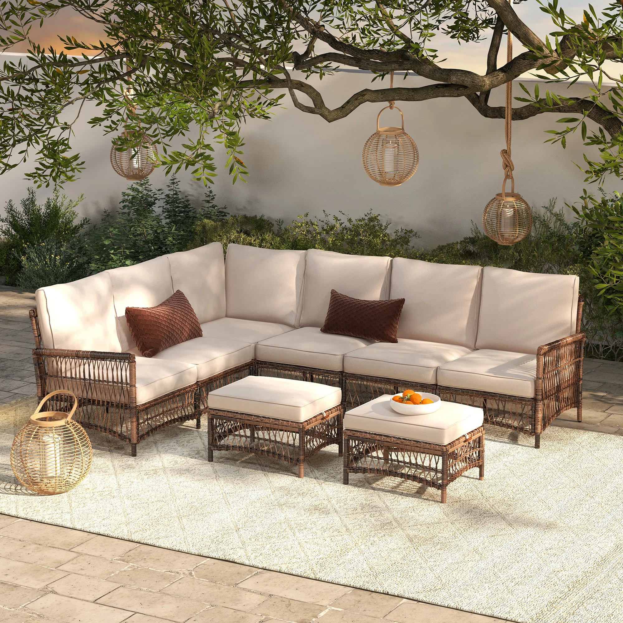 Direnzo  98" Wide Outdoor 6 - Person Outdoor Wicker L-Shaped Patio Sectional with Cushions | Wayfair North America