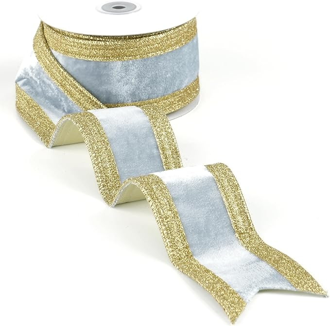 Dusty Blue and Champagne Gold Velvet Wired Ribbon 2.5" X 10 Yards Dusty Blue Velvet with Champagn... | Amazon (US)