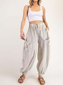 Women Drawstring Striped Pants Loose Wide Leg Casual Lounge Pants with Pockets | Amazon (US)