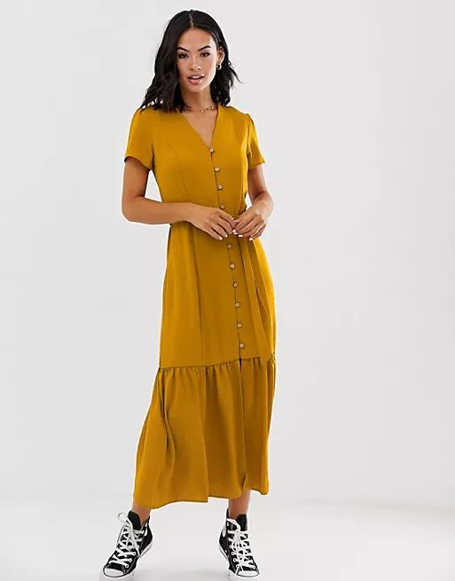 New Look button detail midi dress in mustard | ASOS (Global)