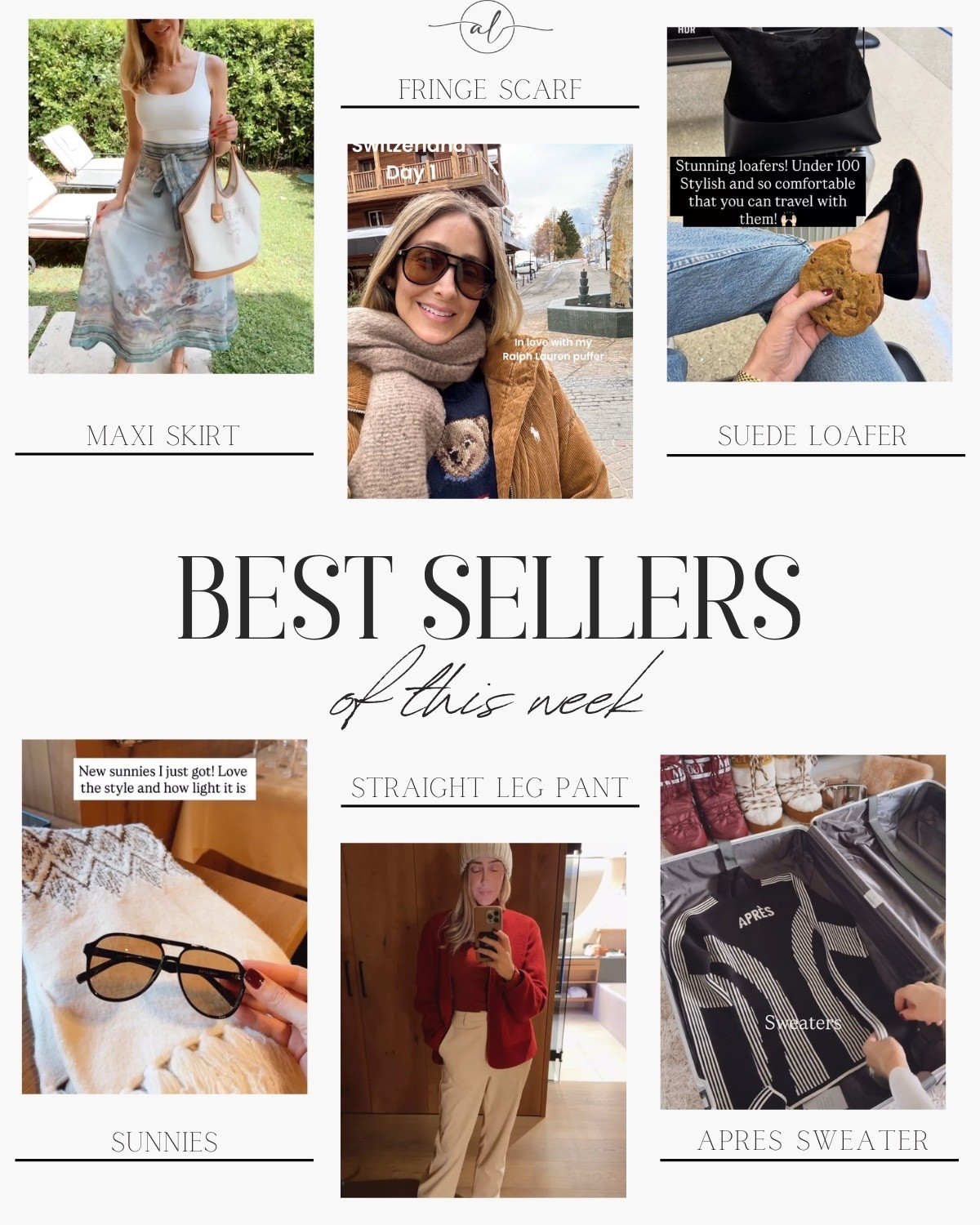 Best Seller of this week!! 
Maxi skirt, fringe scarf, suede loafer, sunnies, straight leg pant, Apres sweater 

#LTKSeasonal #LTKootd #LTKU