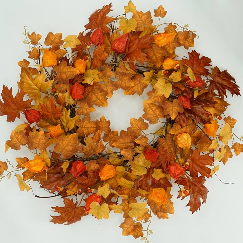 22 inch Artificial Fall Wreath Maple Leaf Wreath with Cape Gooseberry for Front Door Indoor Outdo... | Amazon (US)