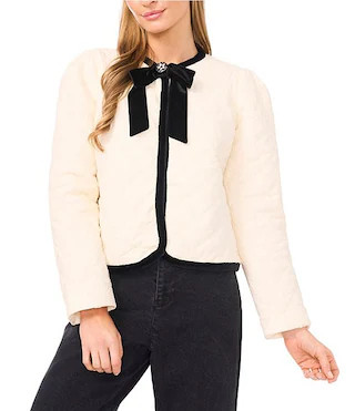 CeCe Quilted Round Bow Neck Long Sleeve Contrast Trim Jacket | Dillard's | Dillard's