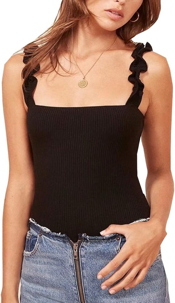 Women Sexy Sleeveless Bodysuit Fashion Square Collar Adjustable Strap Skinny Tank top Bodysuit | Amazon (US)