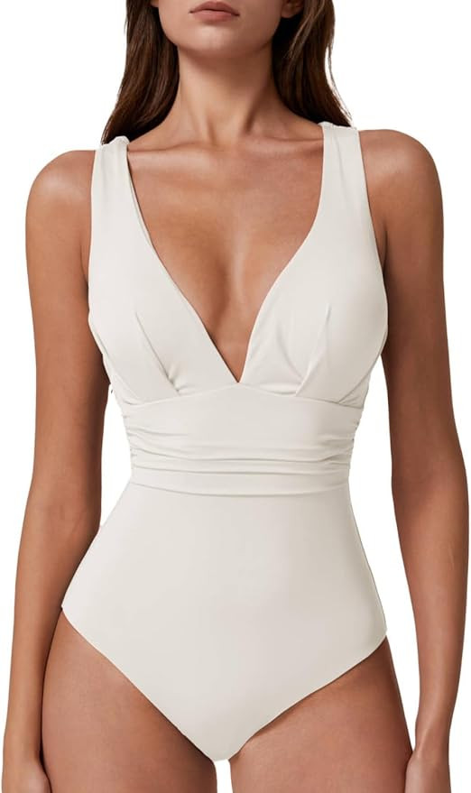 QINSEN Womens Sexy V Neck One Piece Bathing Suit Cross Back Swimsuit High Waist Monokini | Amazon (US)