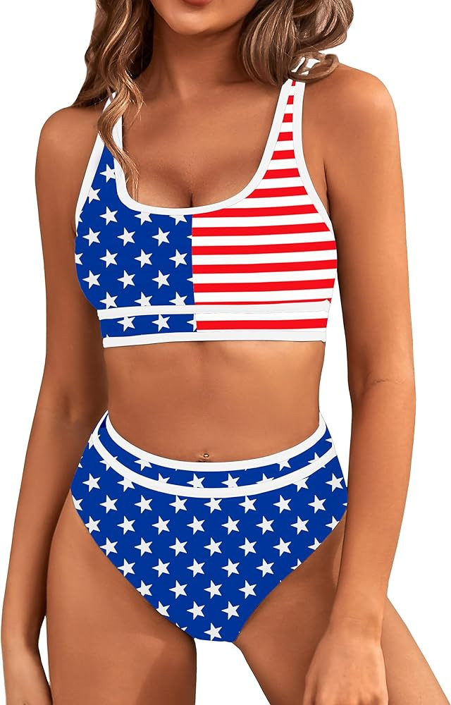 BMJL Women's High Waisted Bikini Sets Sporty Two Piece Swimsuits Color Block Cheeky High Cut Bath... | Amazon (US)