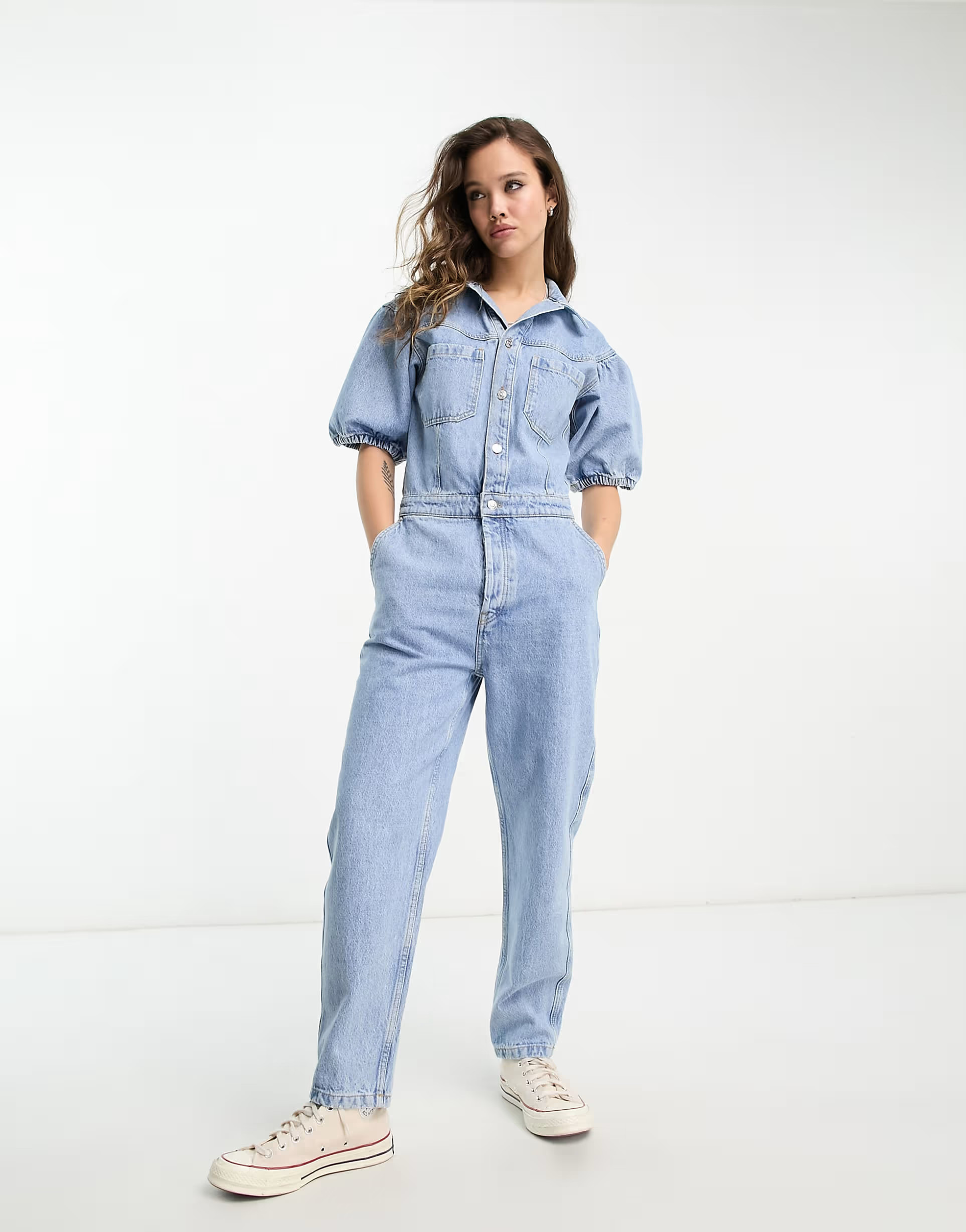 Only puff sleeve denim jumpsuit in light blue | ASOS (Global)