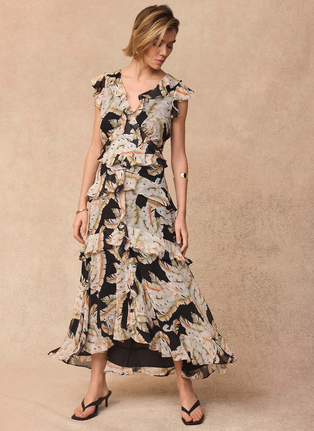 Black Palm Print Ruffle Midi Dress | Mint Velvet