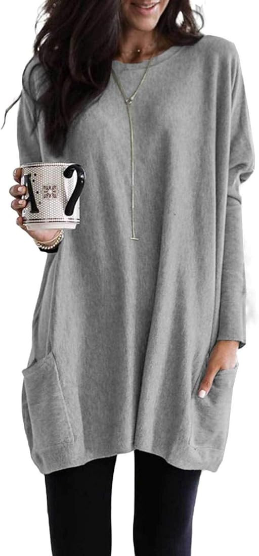 Asvivid Crewneck Tunic Tops for Women Plus Size Solid Long Sleeve Maternity Fall Tops Oversized Shir | Amazon (US)