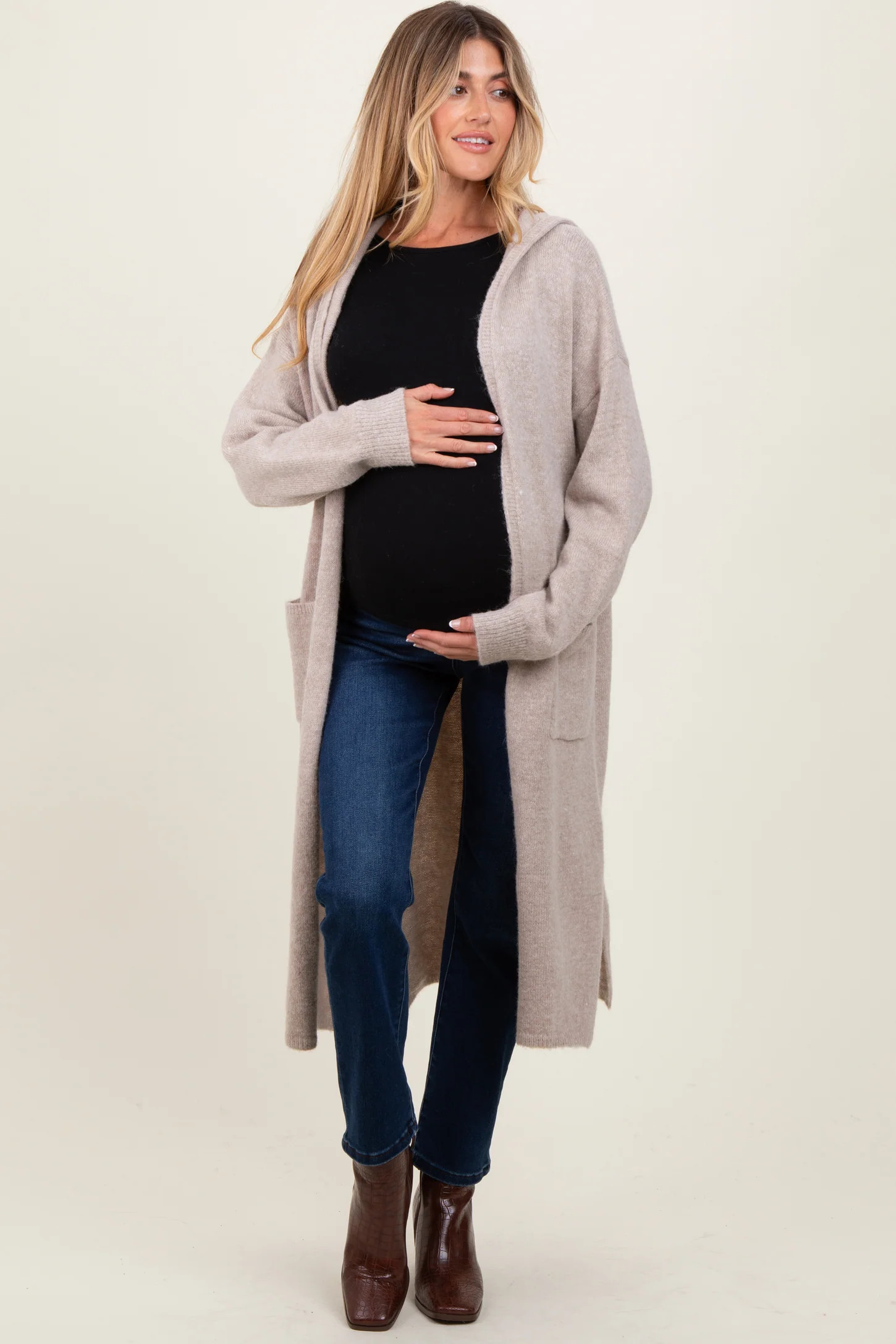 Beige Long Hooded Open Front Maternity Cardigan | PinkBlush Maternity