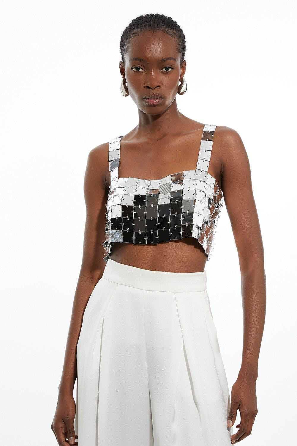 Mirrored Square Disc Crop Top | Karen Millen UK + IE + DE + NL