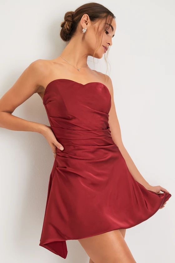 Sweetheart Soiree Wine Red Satin Strapless Bubble-Hem Mini Dress | Lulus (US)