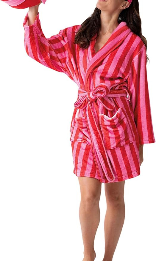 Women Christmas Dressing Gown Flannel Robe Cute Candy Stripe Print Robe Soft Fleece Warm Short Ba... | Amazon (US)