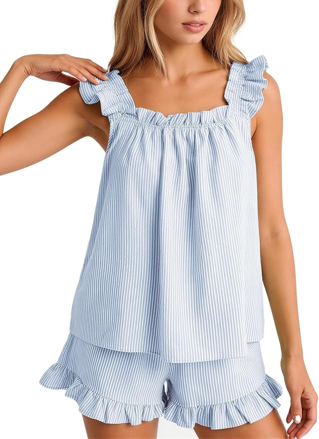 Flygo Striped Pajamas Set for Women Cotton 2 Piece Lounge Sets Ruffle Cami Top and Shorts Cute Su... | Amazon (US)