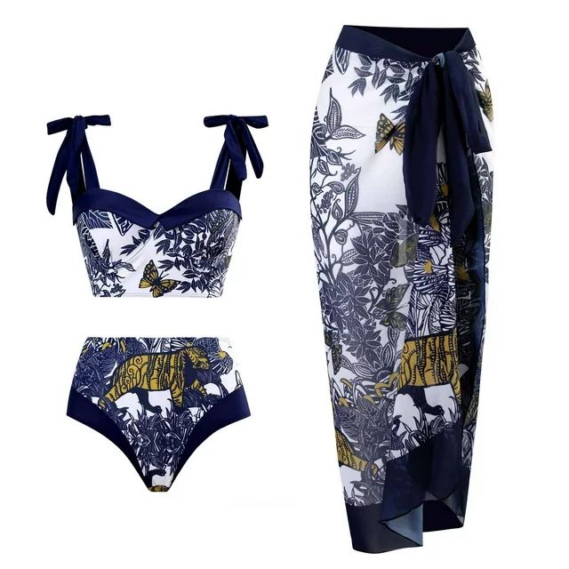 JGGSPWM Women's 3 Piece Modest Swimsuit High Waisted Bikini with Kimono Cover Up Set Dark Blue XL... | Walmart (US)