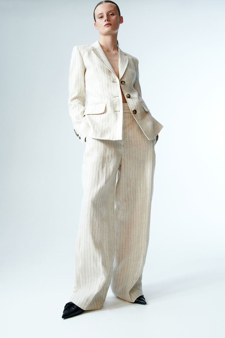 Tailored linen trousers - Regular waist - Extra-long legs - Light beige/Pinstriped - Ladies | H&M... | H&M (UK, MY, IN, SG, PH, TW, HK)