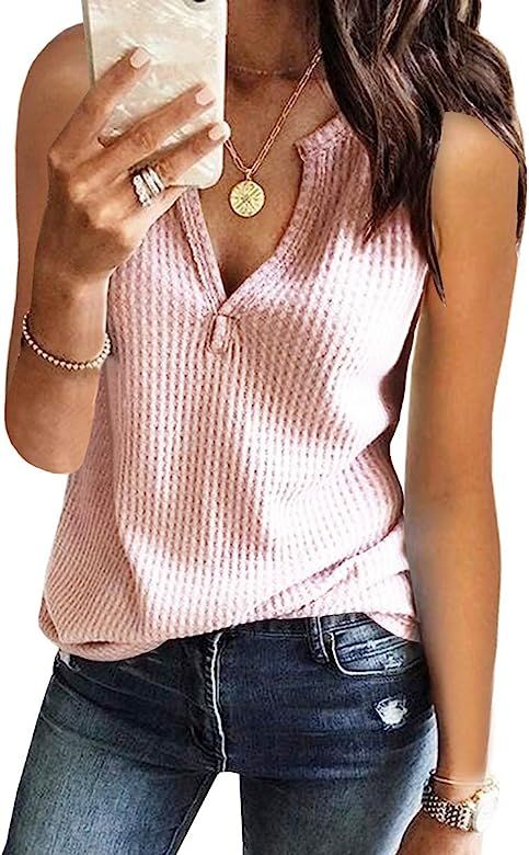 Womens Tank Tops V Neck Waffle Knit Summer Casual Sleeveless Loose Tee Shirts | Amazon (US)