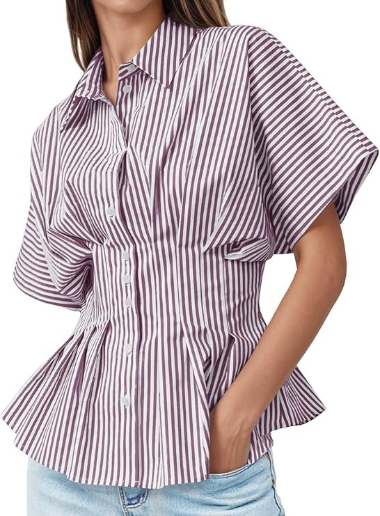 Tankaneo Womens Striped Peplum Button Down Shirts Short Sleeve Pleated Tops Summer Business Casua... | Amazon (US)