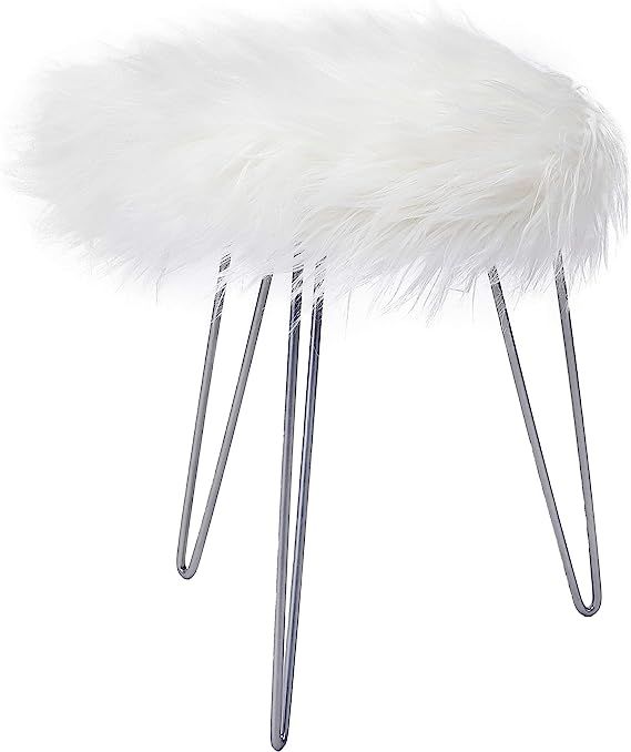BIRDROCK HOME Round Faux Fur Foot Stool Ottoman - White with Silver Legs - Soft Compact Padded Va... | Amazon (US)