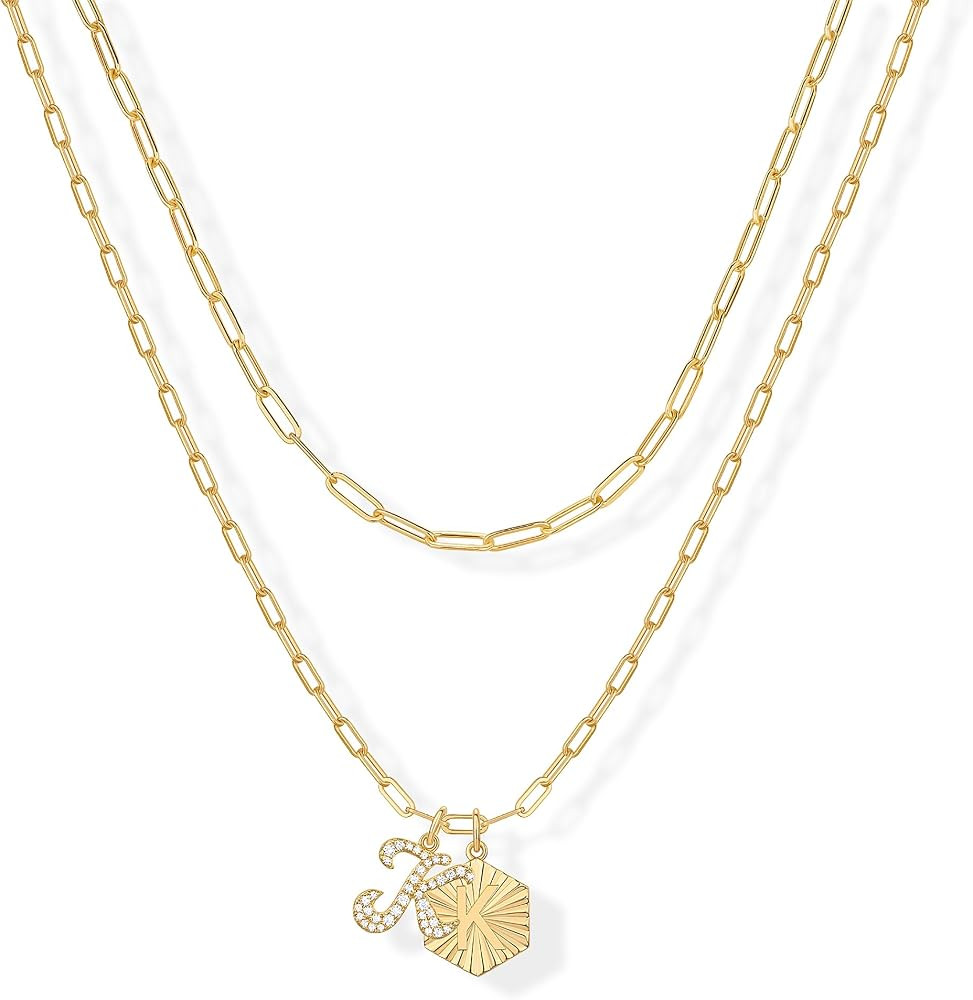 PAVOI 14K Gold Plated Dainty Hexagon Initial Letter Pendant Layered Necklace Jewelry Gift for Wom... | Amazon (US)