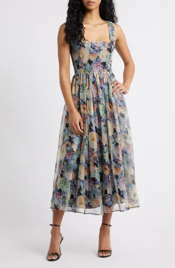 Lulus Logan Floral Square Neck Midi Dress in Grey Multi at Nordstrom Rack, Size X-Small | Nordstrom Rack
