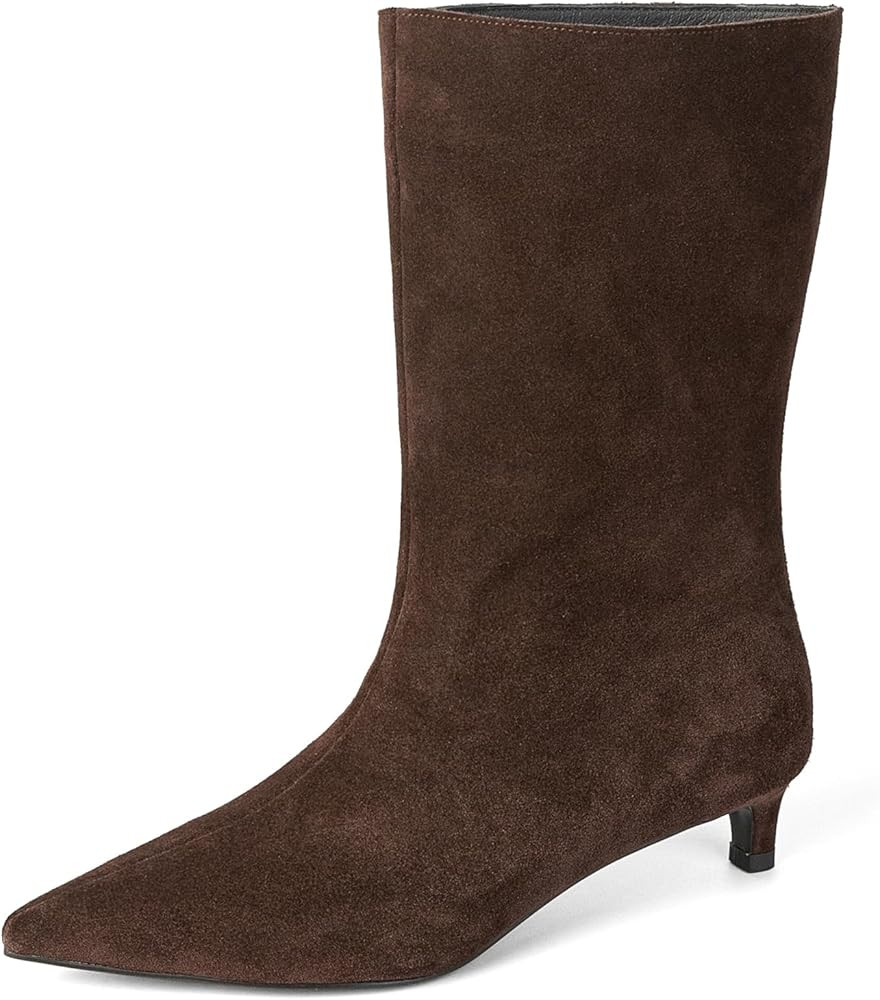 YIYA Women's Suede Kitten Low Heel Mid Calf Boots Pointed Toe Wide Calf Pull On Winter Fall Short... | Amazon (US)