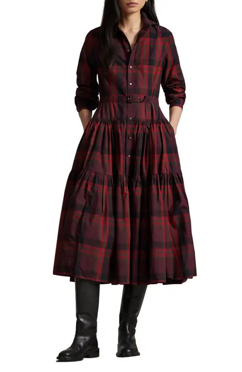 Polo Ralph Lauren Plaid Tiered Shirtdress in 1967 Red Multi Plaid at Nordstrom, Size 12 | Nordstrom