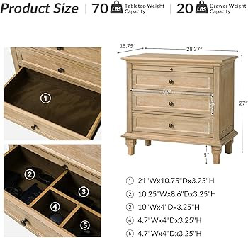 HULALA HOME Farmhouse 3 Drawer End Table with Tray, Drawer Organizer with Solid Wood Legs, End Ta... | Amazon (US)