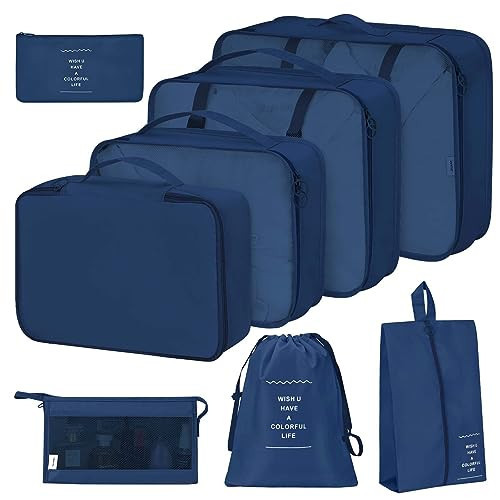 8 Set Packing Cubes for Suitcases,Packing Cube with Shoe, Cosmetics, Clothing, and Accessories Bags Packing Cubes for Travel Luggage Organizer Women Men(Navy) | Amazon (US)