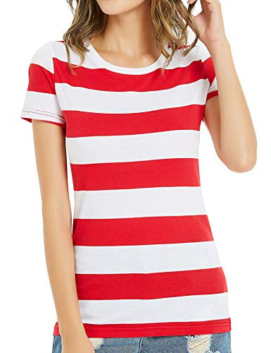 Striped T Shirt Women Crew Neck Short Sleeve Stripes Tees Tops Red and White XS | Amazon (US)
