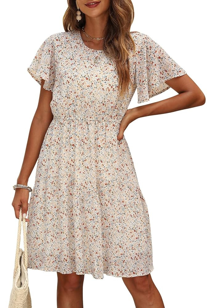 Manydress Women's Chiffon Floral Dresses Casual Summer Boho Flutter Sleeve Flowy Skater Western D... | Amazon (US)