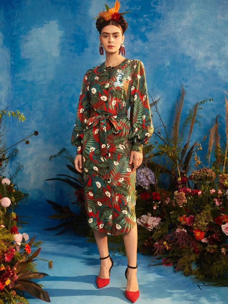 Frida Kahlo X SHEIN Figure & Tropical Print Self Belted Dress | SHEIN