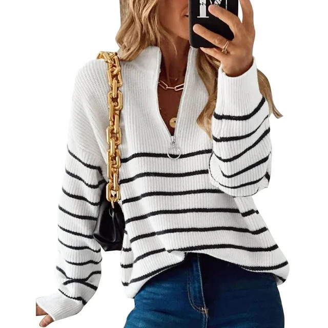 Sweaters for Women Zip up Crew Neck Long Sleeve Striped Sweater Knitted Pullover Sweaters Tops Wi... | Walmart (US)