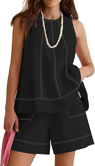 Rapbin Women Two Piece Short Set Drawstring Elastic Waist Pants Round Neck Tank Tops Comfy Sweats... | Amazon (US)