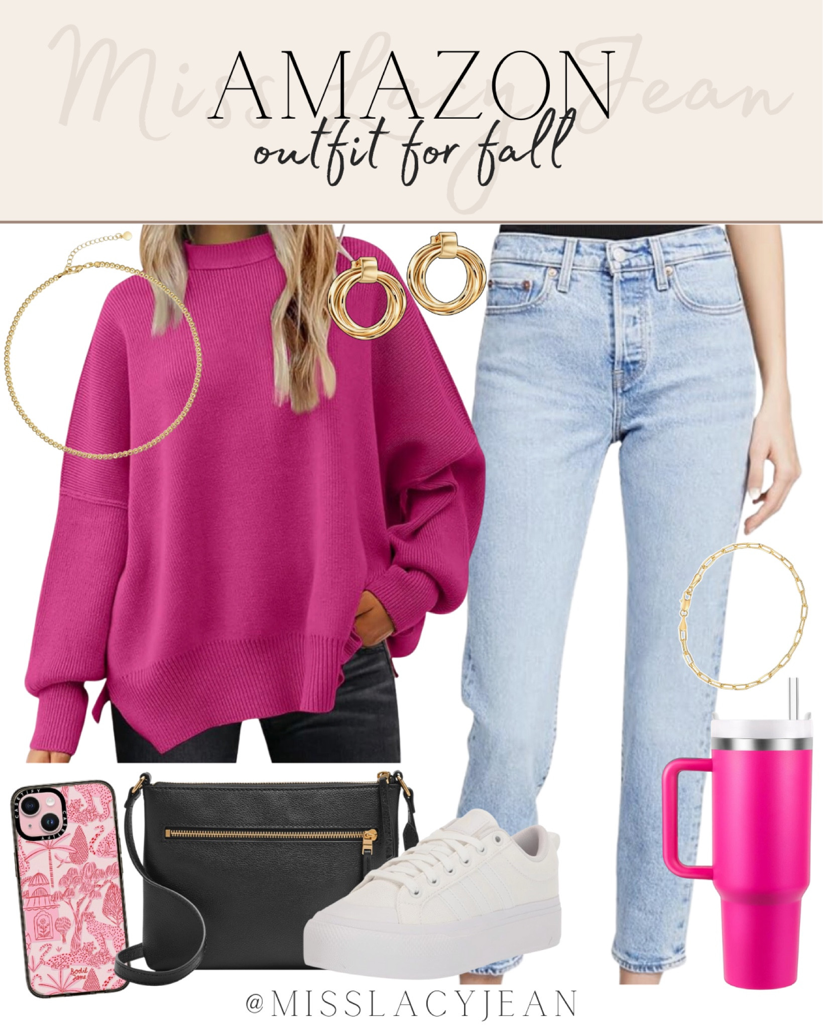 Amazon fall outfit includes pink sweater, jeans, sneakers, tumbler, gold jewelry, crossbody bag, phone case.

Fall outfit, looks for less, outfit for fall, casual outfit 

#LTKStyleTip #LTKFindsUnder100 #LTKShoeCrush