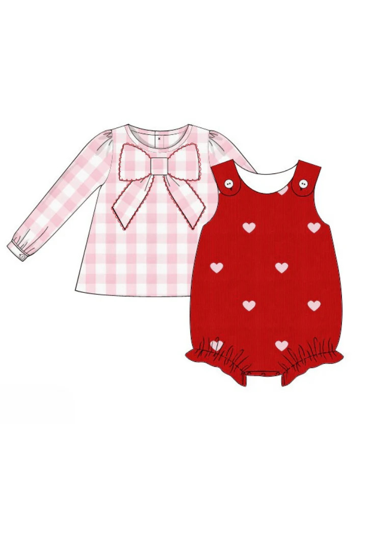 Pre-Order Embroidered Heart Red Corduroy Pink Gingham 2Pcs Bubble | The Smocked Flamingo