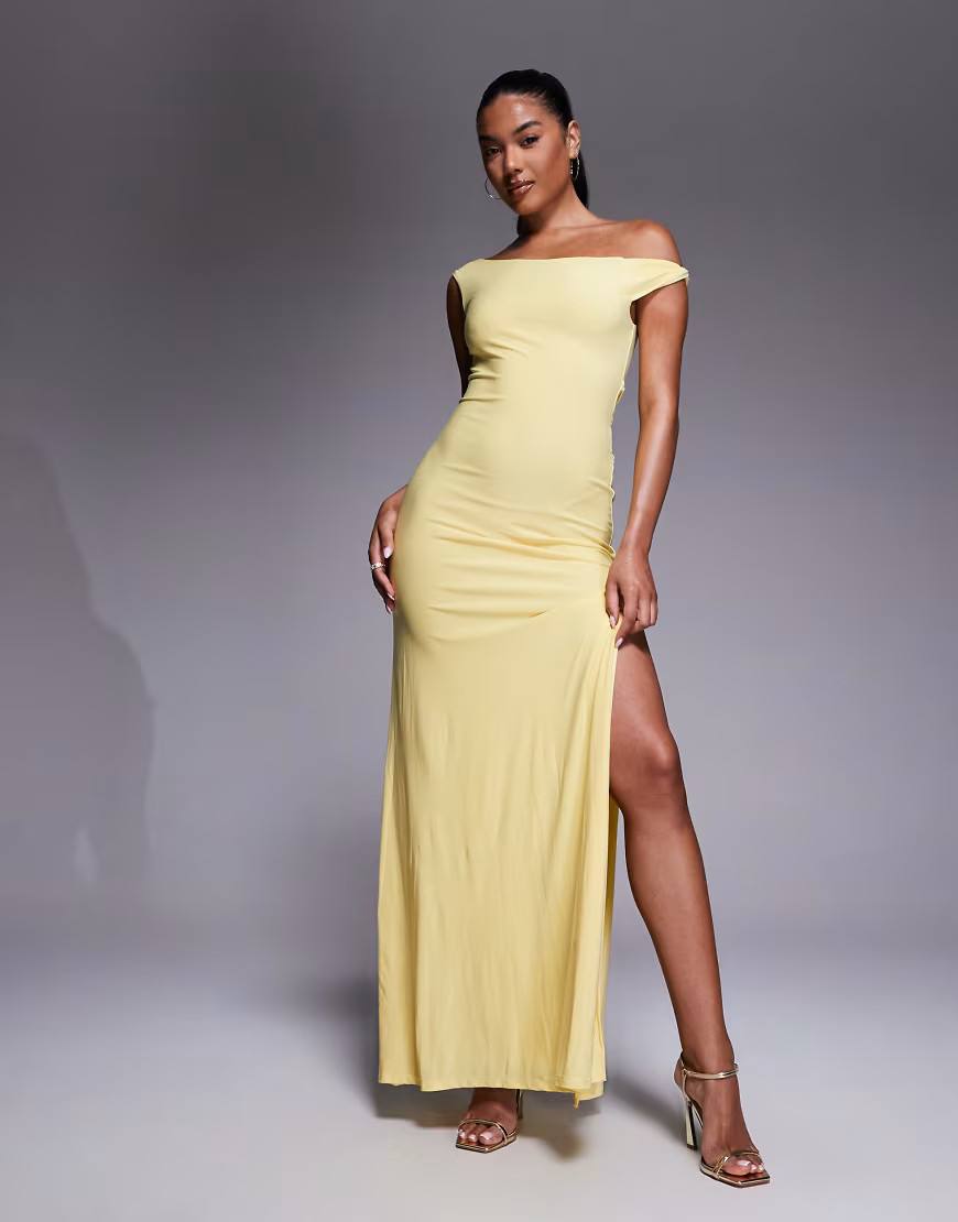 ASOS DESIGN twisted shoulder maxi dress with lace up back in yellow | ASOS (Global)