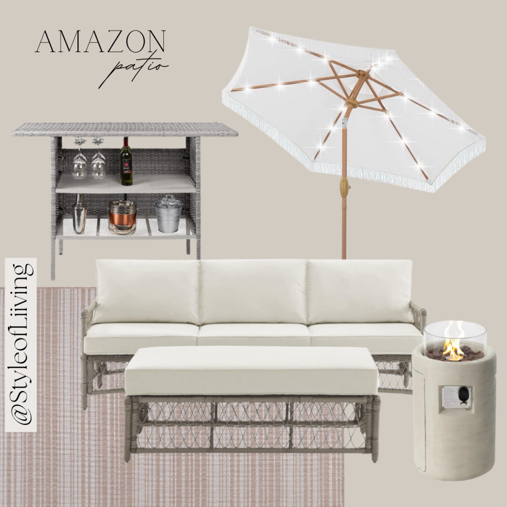 Outdoor furniture set. Umbrella with lights, bar, sofa, ottoman coffee table, area rug, small round fireplace fire pit cream white. Light grays. Patio furniture and bar #founditonamazon #amazonhome #amazonfinds

#LTKsalealert #LTKhome #LTKSeasonal