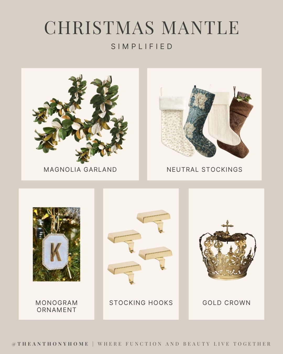Simple, classic Christmas mantle styling ✨
– Bendable magnolia garlands
– Gold stocking hooks
– Neutral knit stockings
– Brass crown accent
These pieces layer beautifully without nails, Command hooks, or complicated installs. Shop the full look below. 🤍🎄


#LTKSeasonal #LTKHome #LTKHoliday