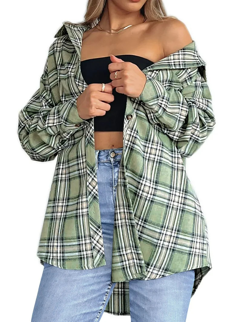 Fantaslook Plaid Flannel Shirts for Women Oversized Long Sleeve Button Down Shirts Blouses Tops | Walmart (US)