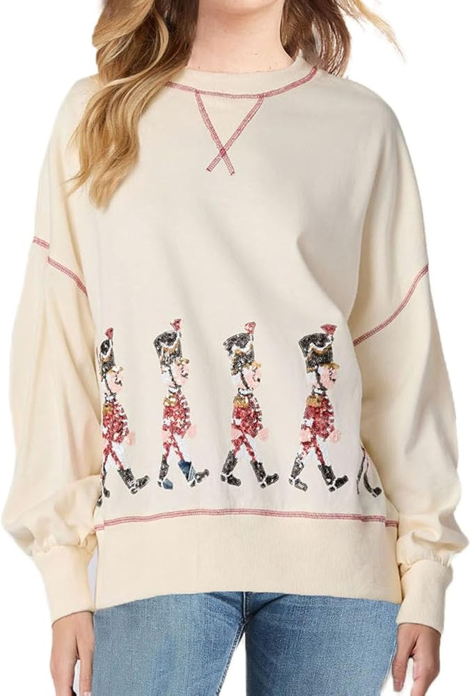 Ugly Christmas Sweaters for Women Cute Sequin Nutcracker Crewneck Sweatshirts Holiday Santa Overs... | Amazon (US)