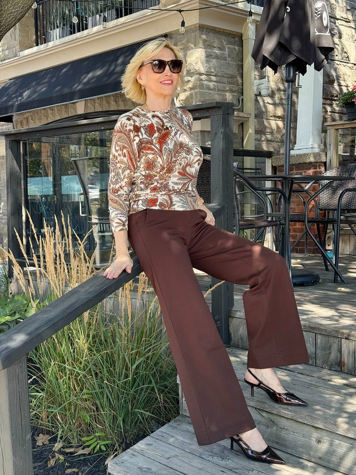 ’ll always have a soft spot for a pretty paisley print! 🤎

This Talbots top adds just the right amount of pattern to a classic pair of brown pants, and the slingbacks pull everything together so effortlessly. I love outfits like this because they feel polished and feminine without looking like I tried too hard.

And honestly, a great pair of brown pants is one of those fall wardrobe staples that works with so many tops and shoes. Add a pretty print, and you’ve got an easy outfit that feels put together in minutes.

#LTKOver40 #LTKSeasonal #LTKootd