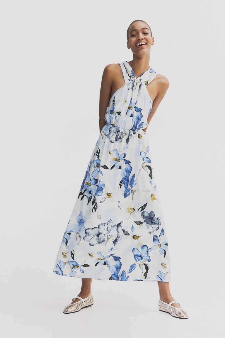Open-back dress - Sleeveless - Ankle length - White/Blue floral - Ladies | H&M GB | H&M (UK, MY, IN, SG, PH, TW, HK)