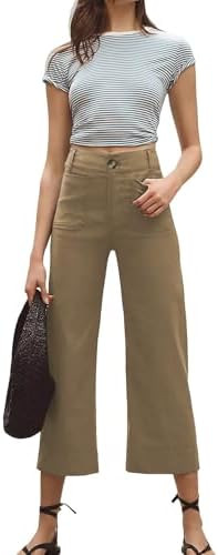 Cropped Wide-Leg Pants Casual High Waist Baggy Pants Stretchy Straight Trousers with Pockets(Brow... | Amazon (US)