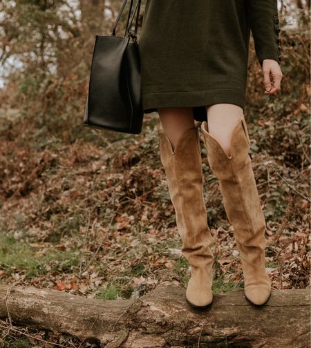 Over the knee western boots. Suede boots with sweater dress. Sezane tote bag and Freda Salvador shoes  

#LTKshoecrush